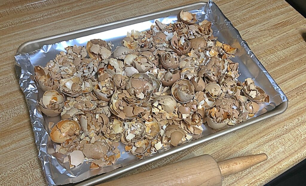 broken eggshells on tin foil on a baking sheet and a rolling pin at the side