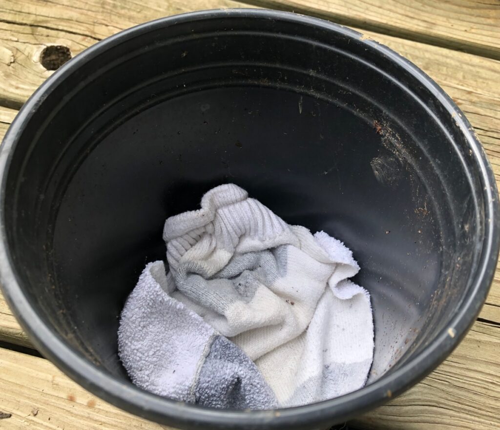 old sock in bottom of planter sitting on deck