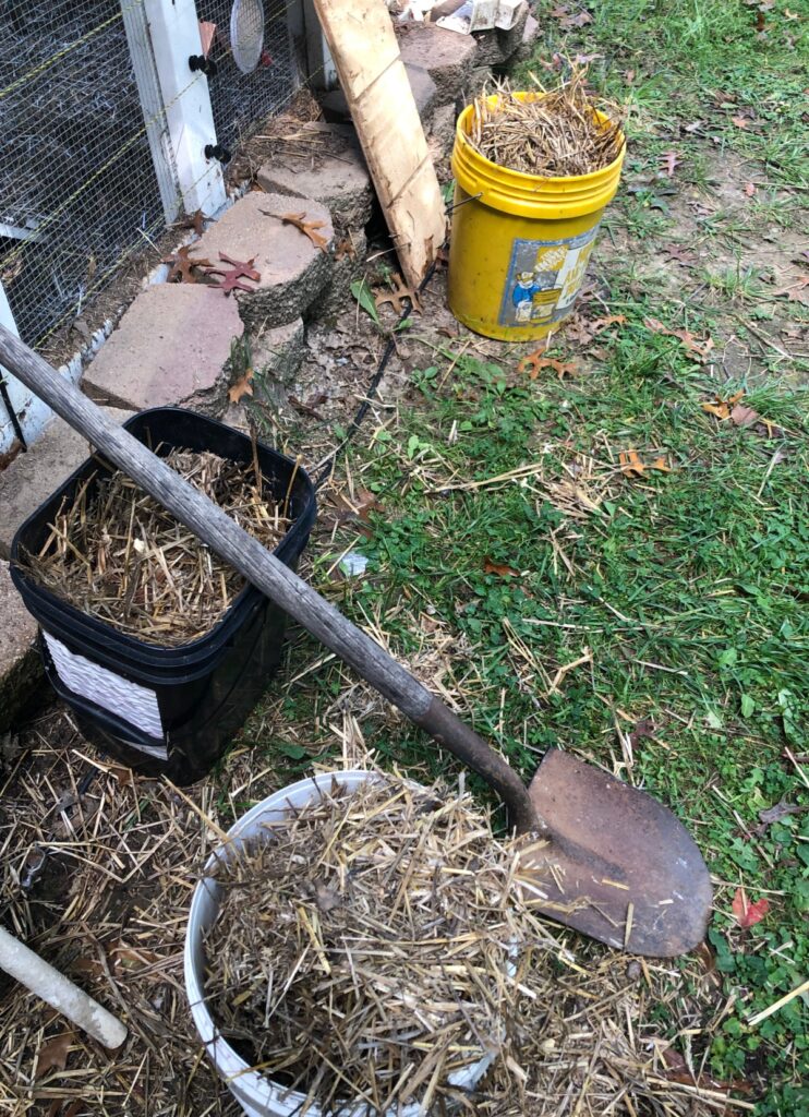 buckets full of chicken debris and shovel on grass