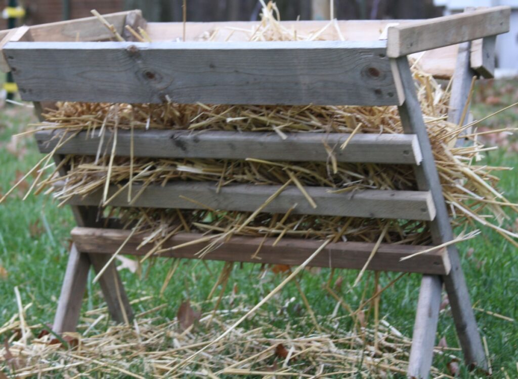 Outdoor christmas manger with hay on grass
