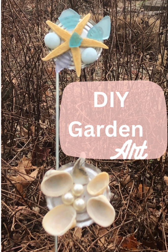 pin for pinterest seaglass seashells pearls flat marbles glued to tops of aluminum lids glued to a sign stake pushed into the ground 